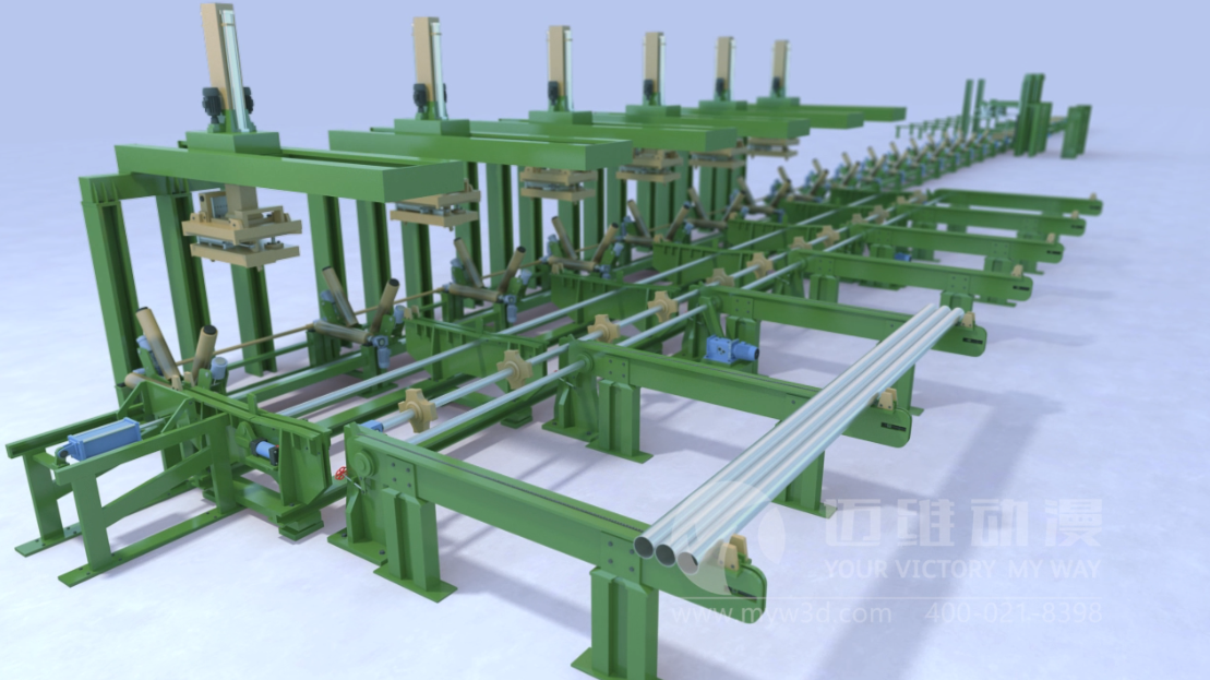 鋼管運輸捆綁生產(chǎn)線(xiàn)三維動(dòng)畫(huà)